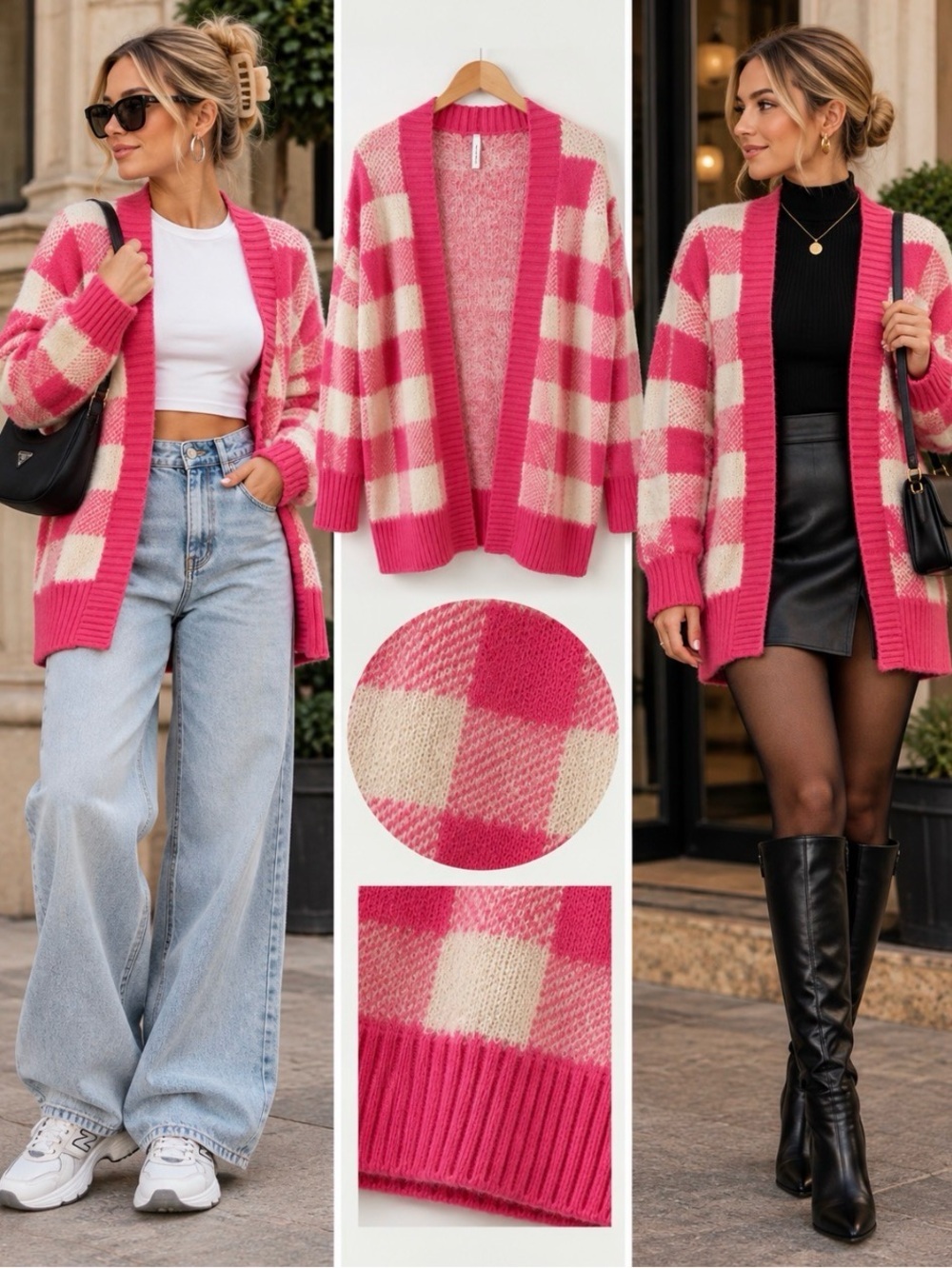 Dreamers by Debut Pink Plaid Gingham Open Front Cardigan Sweater M